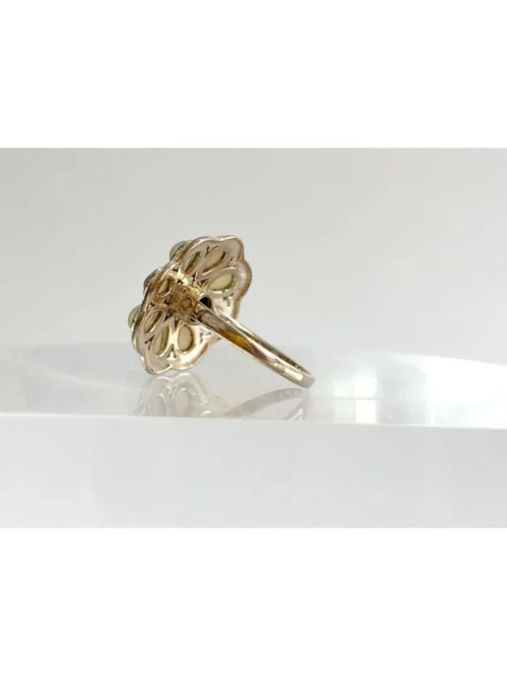 Teardrop Yellow Opal Scalloped Floral Sterling Silver 925 Vintage Ring - sz 8